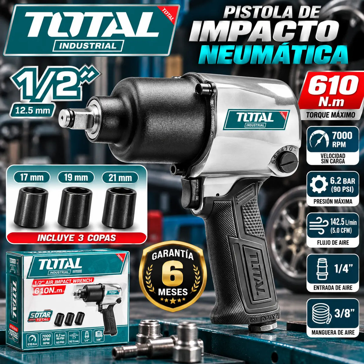 PISTOLA NEUMATICA DE IMPACTO 1/2" + 3 COPAS TOTAL (TAT40122)